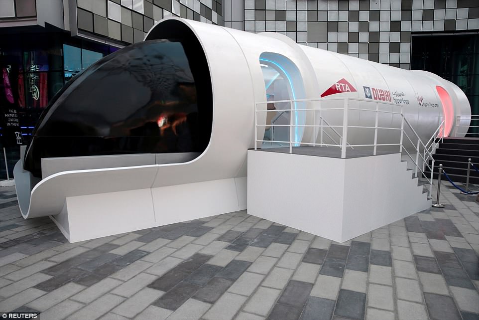 Hyperloop uses an electromagnetic propulsion system to accelerate levitating pods through a vacuum tube at speeds of up to 760 mph (1,200 kmh). This image shows the front of the pod, housed in a Hyperloop tunnel