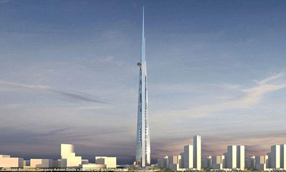The Jeddah Tower (artist's impression) is set to break the record as the world's tallest building when it is completed next year. Once dubbed 'Kingdom Tower', the 170-storey building is to rise more than a kilometre (almost 3,300 feet), surpassing Dubai's Burj Khalifa as the world's highest building