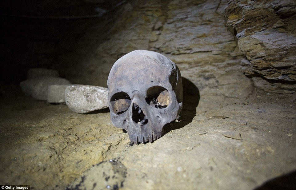 A skull is seen among the excavations in the ancient cemetery, the latest discovery in an area known to be home to ancient Egyptian catacombs