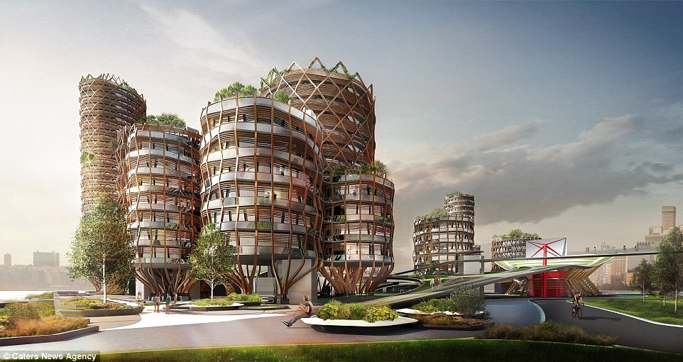 Stunning pictures show plans for a 'floating' island of buildings on Manhattan's skyline which could be the city's answer to rising sea levels