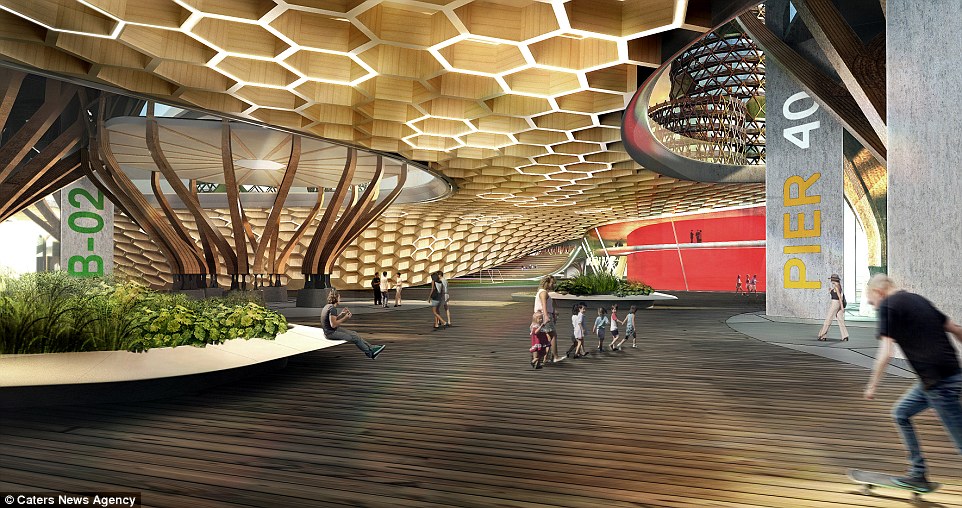 At the foot of the buildings, attractions such as public pavilions (above) could be installed, which DFA hope will be in usage until 2050 - by which time sea levels are expected to have risen between 11 and 30 inches