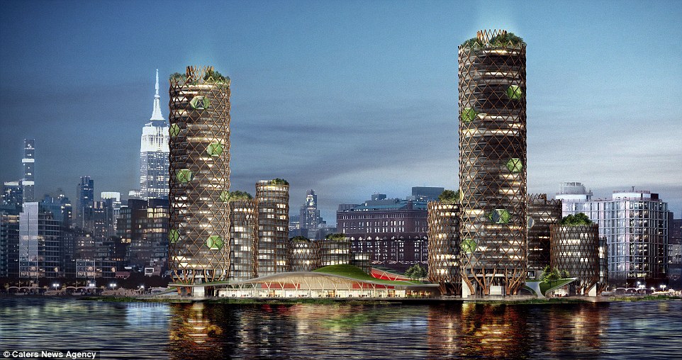 The incredible towers, overlooking New York's Hudson River (above), sit on a platform that can be raised up to 60 inches to deal with flood water or rising sea levels