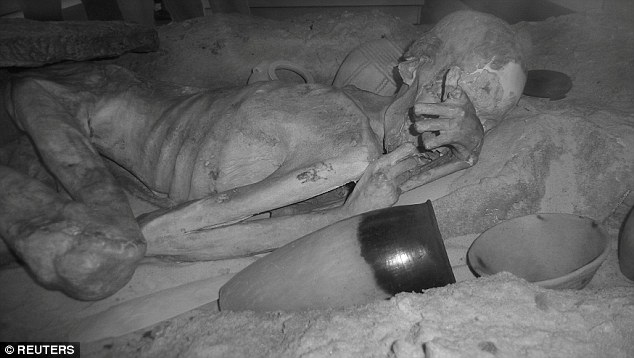 An infrared image of the male mummy known as 'Gebelein Man' can be seen in this photograph take at The British Museum in London, Britain. The tattoo can be seen on his higher arm. The designs are under the skin and the pigment is probably soot