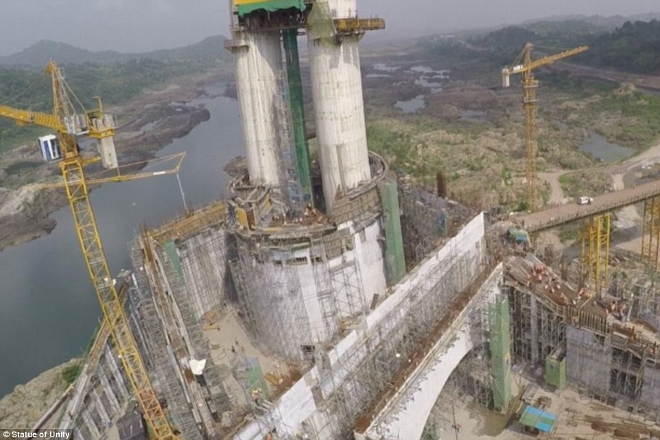 Images reveal that the foundations have been laid for the £226.9m structure along with central support pillars but there is still a bit of work to do before it takes on the form of the late political and social leader Sardar Vallabhbhai Patel, whom it will honour