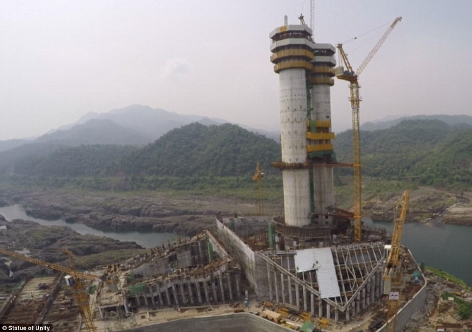 The Statue of Unity is currently being built on Sadhu Island in the state of Gujarat, with the waters of the Narmada river surrounding it