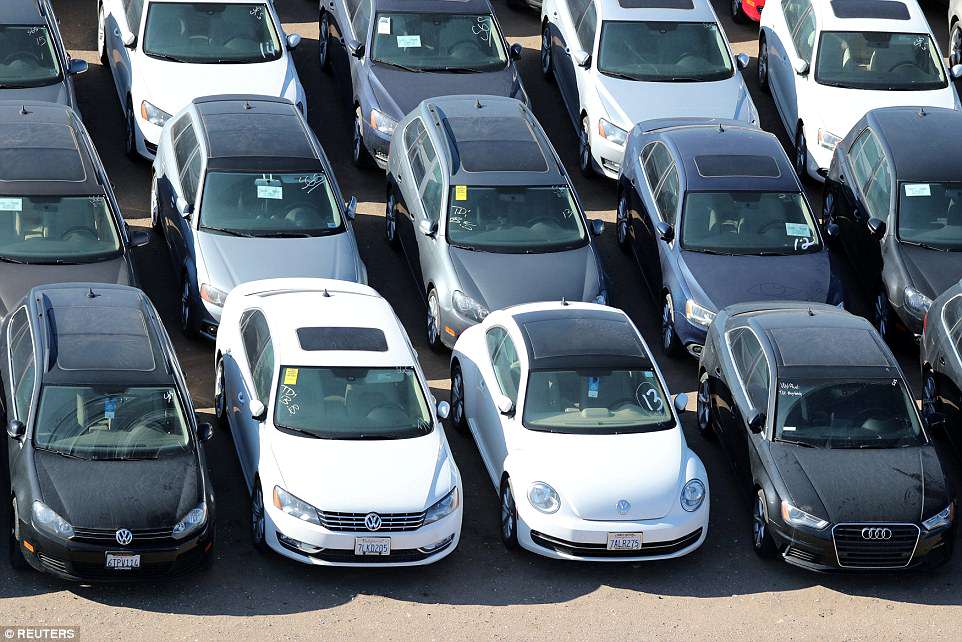 Reacquired Volkswagen and Audi diesel cars sit in a desert graveyard near Victorville, California, March 28