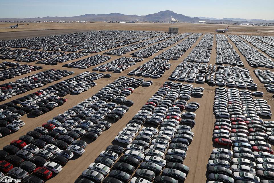 Reacquired Volkswagen and Audi diesel cars sit in a desert graveyard near Victorville, California