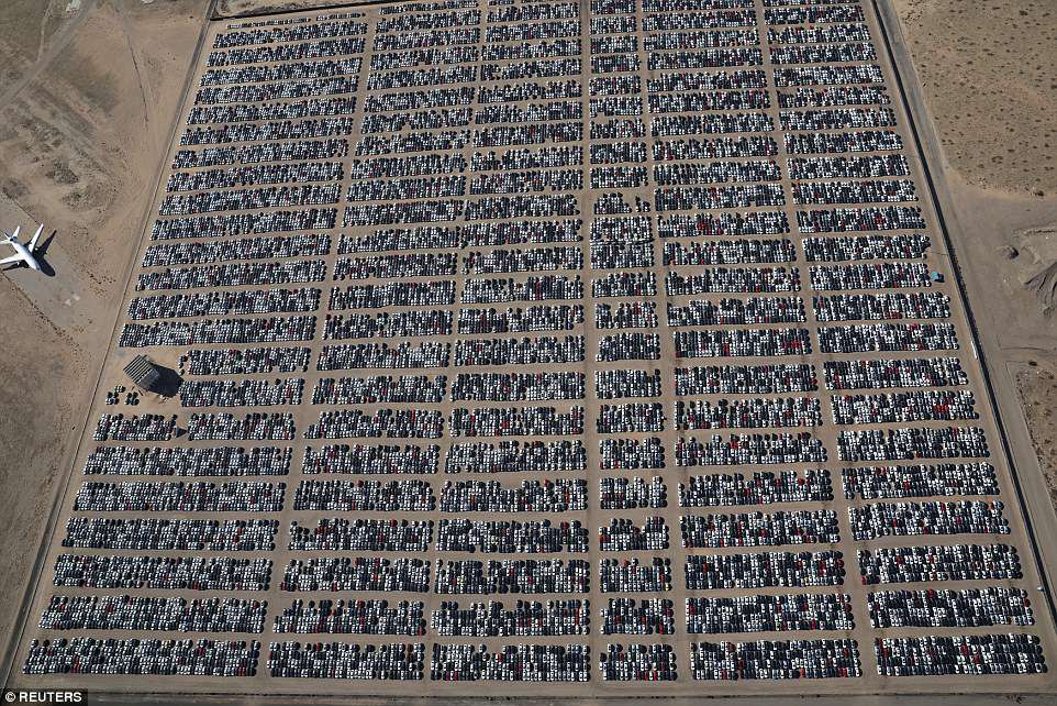 Reacquired Volkswagen and Audi diesel cars sit in a desert graveyard near Victorville, California