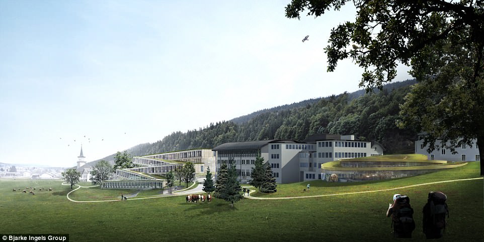 The hotel complements Bjarke Ingels Group's other project in the village – an expansion of Audemars Piguet's workshop into the spiralling Musée Atelier Audemars Piguet (seen on the right of this image)