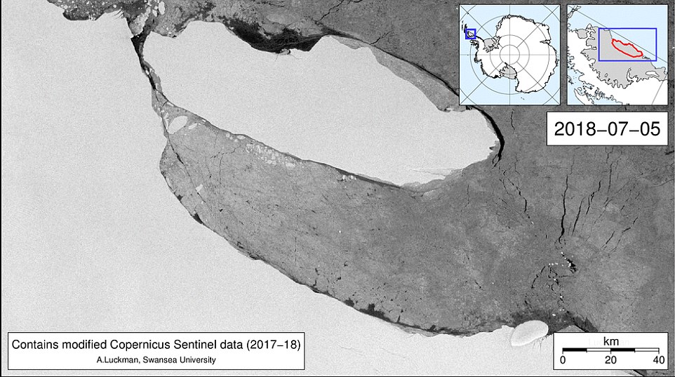 4e23c4e000000578-5944159-image-a-27_1531346001968 Glacier expert Adrian Luckman, a geography professor at Swansea University in Wales, published an animation of the glacier's movements between January 6, 2018 and July 10, 2019 on his blog. Pictured: A-68's position in July, 2018