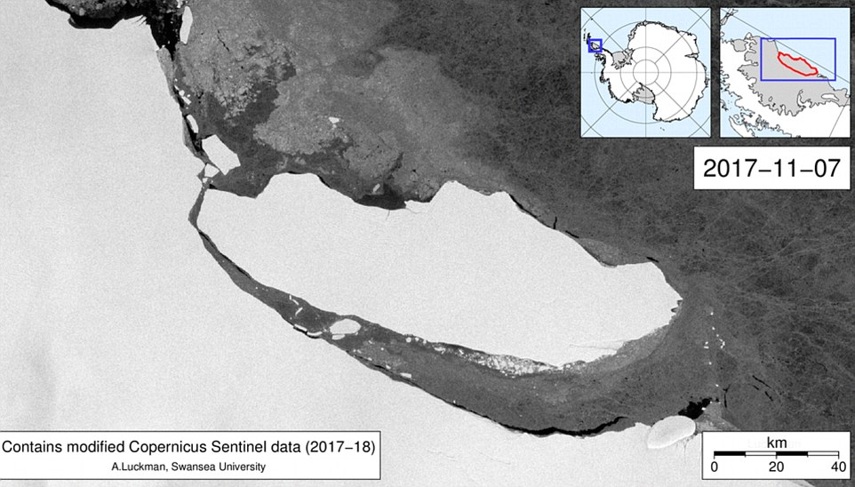 4e23c4e800000578-5944159-image-a-24_1531346000738 A growing body of evidence suggests rising water and air temperatures caused by global warming are triggering instabilities along the coasts of Antarctica and Greenland, accelerating melting and increases the rates of calving Pictured: A-68's position back in November 2017