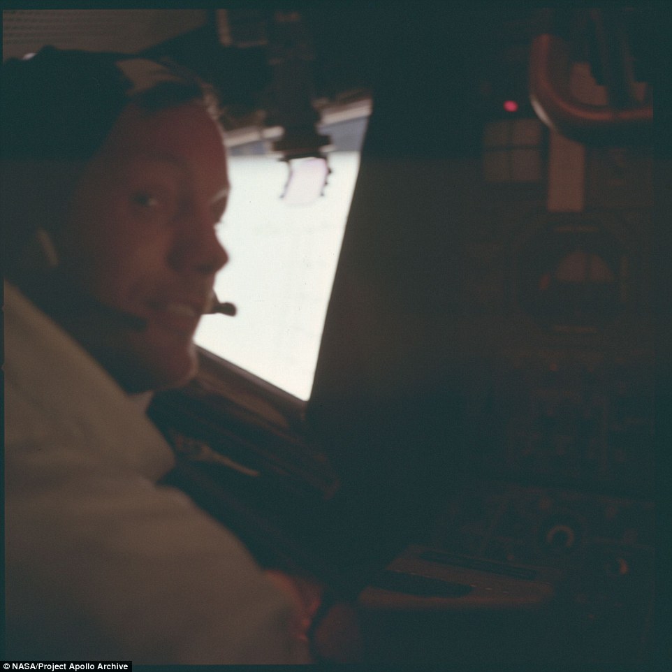 Neil Armstrong is pictured inside the lunar module in this blurry photograph from the historic Apollo 11 moon landing