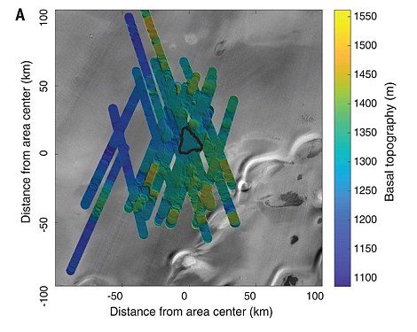 Pictured are radar readings (coloured) and the outline of the feature they uncovered (black)