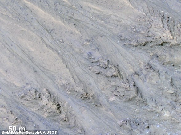 4e8f532300000578-5990867-image-a-3_1532532201219 Features known as recurring slope lineae (RSL) were first identified in 2011 (pictured). These dark streaks populate the areas of Mars with a sharp incline. Researchers speculated that these may have been caused by the intermittent flow of liquid water