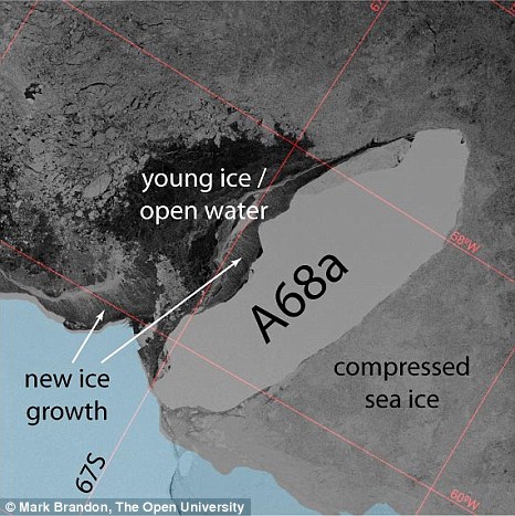 4fac6cbd00000578-6128021-image-a-2_1536234803101 Sentinel-1 SAR satellite imagery from 29 August 2018 shows that to the north of the iceberg the wind is pushing the sea ice northwards faster than the iceberg is rotating