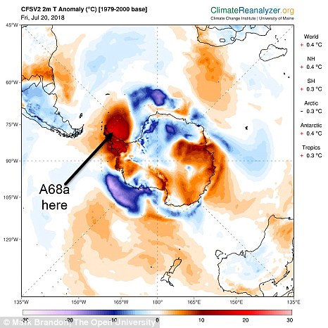 4fac6cc800000578-6128021-image-a-1_1536234796576 A 'temperature anomaly' on 20 July 2018, when it was almost 20 °C warmer than the mean over the Weddell Sea and Larsen Ice shelf.