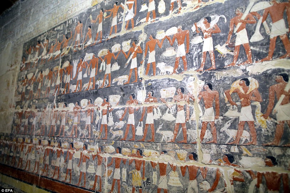 4fe0eeae00000578-0-image-a-18_1536431986679 The magnificent burial site was restored by the Egyptian Ministry of Antiques, who reinstated the tomb paintings pictured on the walls of the chambers