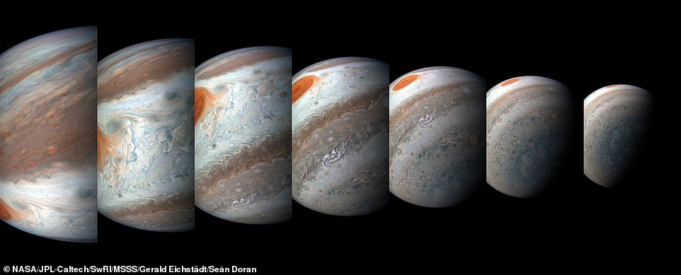 7387234-6492387-image-a-21_1544717323549 A south tropical disturbance has just passed Jupiter's iconic Great Red Spot and is captured stealing threads of orange haze from the Great Red Spot in this series of colour-enhanced images from NASA's Juno spacecraft. From left to right, this sequence of images was taken between 2:57 a.m. and 3:36 a.m. PDT (5:57 a.m. and 6:36 a.m. EDT) on April 1, 2018
