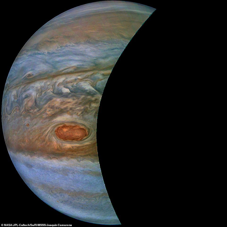 7387244-6492387-image-a-24_1544717426340 A 'brown barge' in Jupiter's South Equatorial Belt is captured in this colour-enhanced image from NASA's Juno spacecraft. This colour-enhanced image was taken at 10:28 p.m. PDT on July 15, 2018
