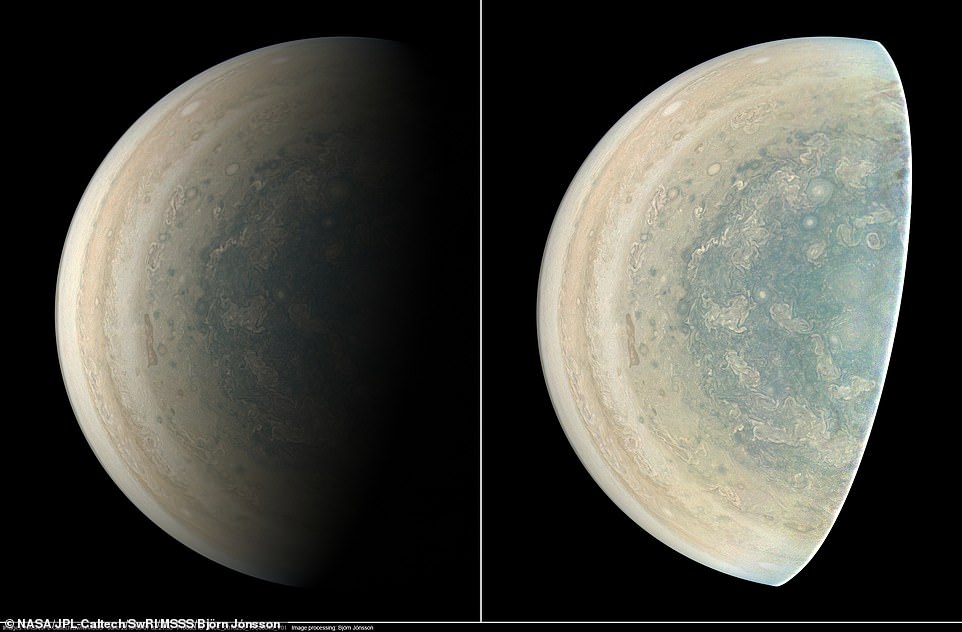 7387250-6492387-image-a-28_1544717616652 The version of the image on the left side shows Jupiter in approximate true colour, while the same image on the right has been processed to bring out detail. To complete its risky mission Juno survived a circuit-frying radiation storm generated by Jupiter's powerful magnetic field