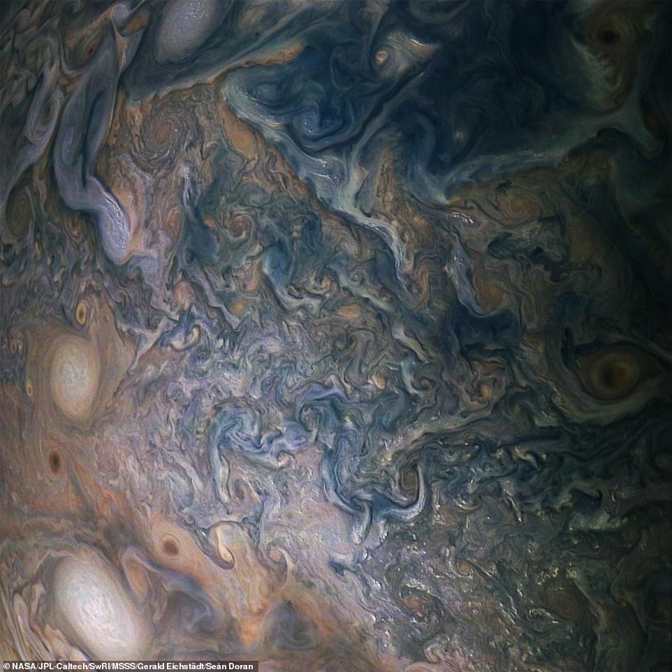 7387252-6492387-image-a-27_1544717585502 Pictured is a multitude of bright white 'pop-up' storms in this Jupiter cloudscape appear in this image from NASA's Juno spacecraft. No previous spacecraft has orbited so close to Jupiter, although two others have been sent plunging to their destruction through its atmosphere