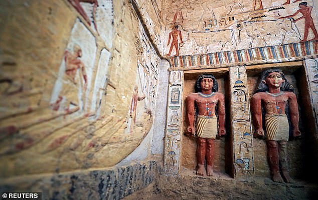 7474058-6498949-image-a-227_1544915174685 Statues are seen inside inside the tomb which dates from the rule of King Neferirkare Kakai, at the Saqqara area near its necropolis, in Giza, Egypt