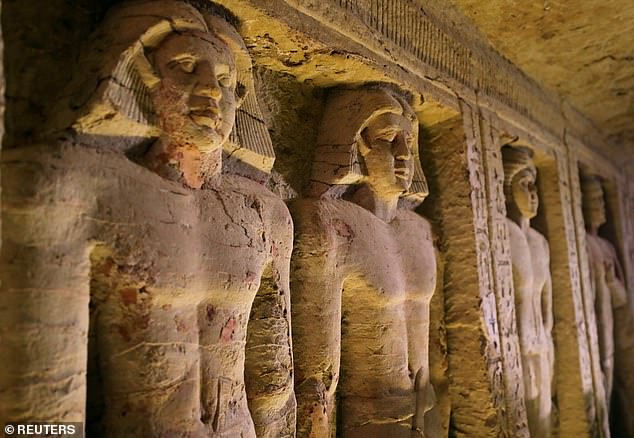 7474080-6498949-image-a-236_1544915294178 A view of statues inside the newly-discovered tomb of 'Wahtye', which dates from the rule of King Neferirkare Kakai