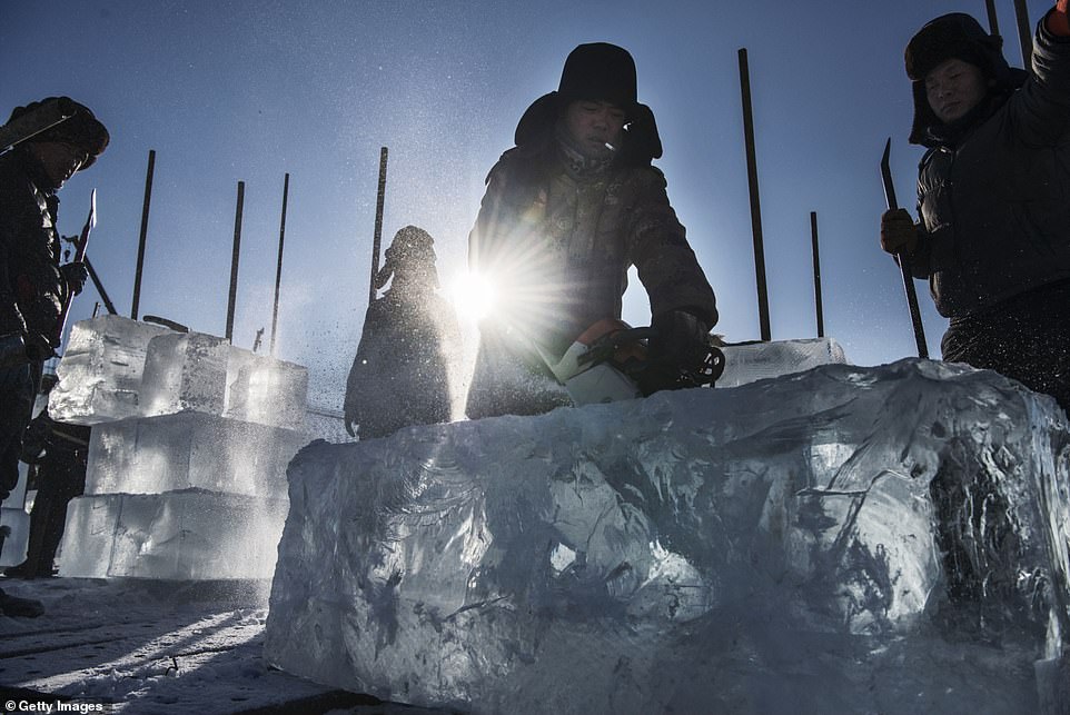 7894972-6535251-image-a-62_1545996939712 Nearly there: Lumps of ice are cut, carved and piled up to make impressive sculptures for people visiting the popular event
