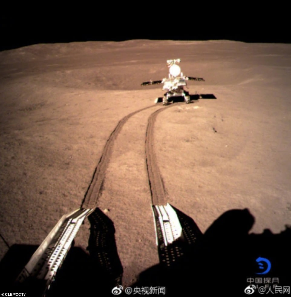 8125464-6556889-image-m-9_1546603117164 By 5pm Beijing time (09:00 GMT) the three fifteen-foot long antennaes on Chang'e-4 had also been fully unfurled to enable the low-frequency radio spectrometre to begin work. The rover which is currently meandering around the moon on six independently controlled wheels, has also established a robust connection with its relay satellite, Queqiao