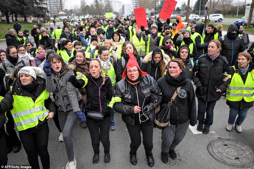 8159514-6560213-image-a-63_1546698067731 The independent Mr Macron, leader of the Republic On The Move party, won the French presidential election in a landslide in 2017, but he is now dubbed the ‘President of the Rich’ with polls showing his popularity rating down to just 18 per cent. Protestors are picture in Nantes today