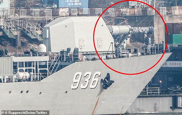 9221098-6652703-image-m-9_1548936636941 A photo from last year revealed what was thought to be the electromagnetic railgun atop a People¿s Liberation Army Navy landing ship. Chinese media said the terrifying gun, which can fire projectiles at reportedly 2.5km (1.55miles) per second, was successfully tested last year