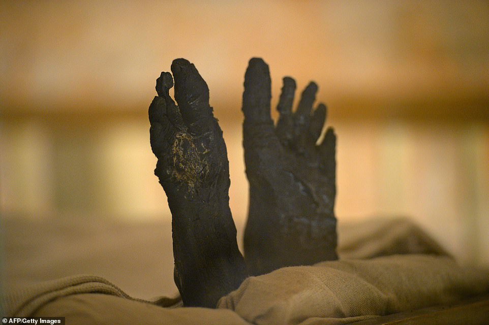 His body was wrapped in linen and displayed in a climate-controlled glass case in his underground tomb in the Valley of Kings