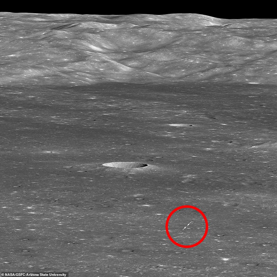 9489302-6676159-image-a-29_1549497216259 At the time it captured the photo, NASA's orbiting craft was 205 miles (330 kilometers) from the landing site. NASA has annotated the photo with arrows in effort to highlight the tiny lunar lander (circled in red above)