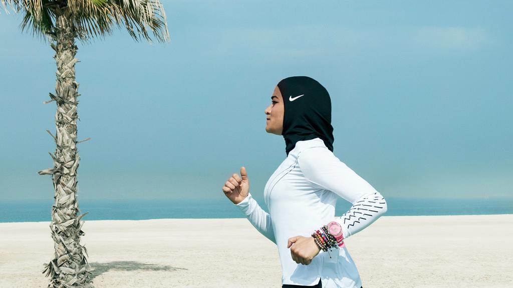 Manal Rostom, an Egyptian mountaineer, marathoner and Nike running coach, wears the new Nike Pro Hijab for female athletes. Courtesy of Nike. Courtesy of Nike