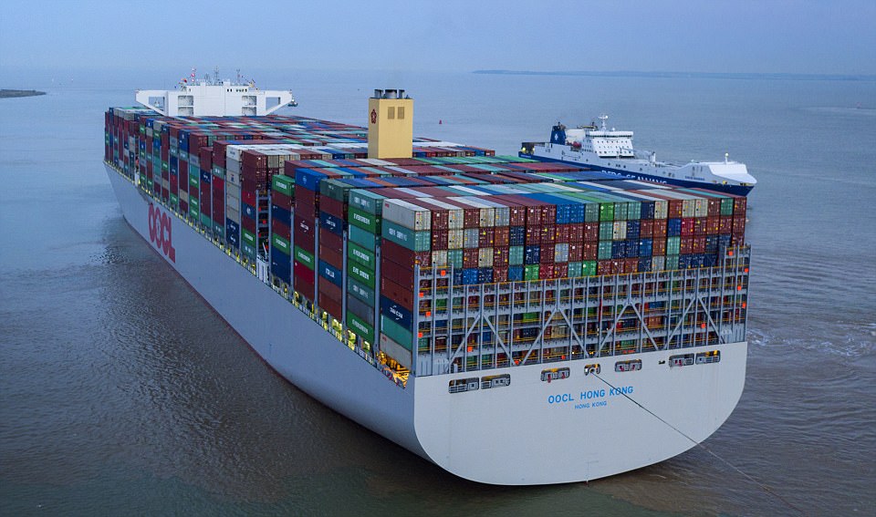 From above: The OOCL Hong Kong is the latest in a line of mega vessels to call at the Port of Felixstowe
