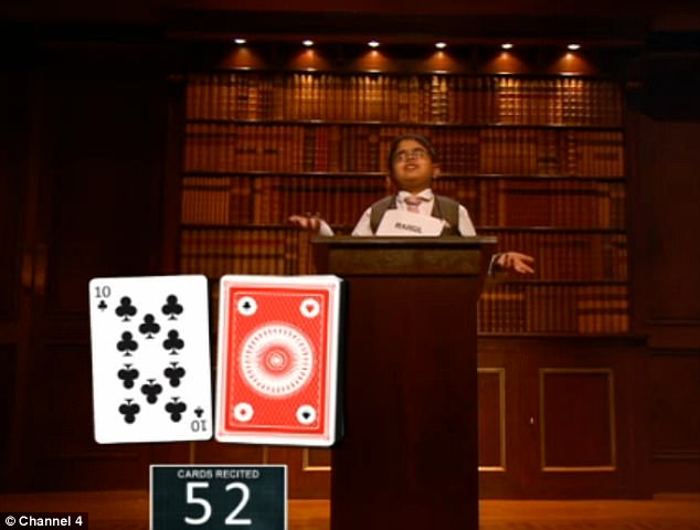 Prodigy Rahul Doshi, 12, from Barnet, London wowed on tonight's episode of Child Genius by memorising a sequence of 52 cards in a row 