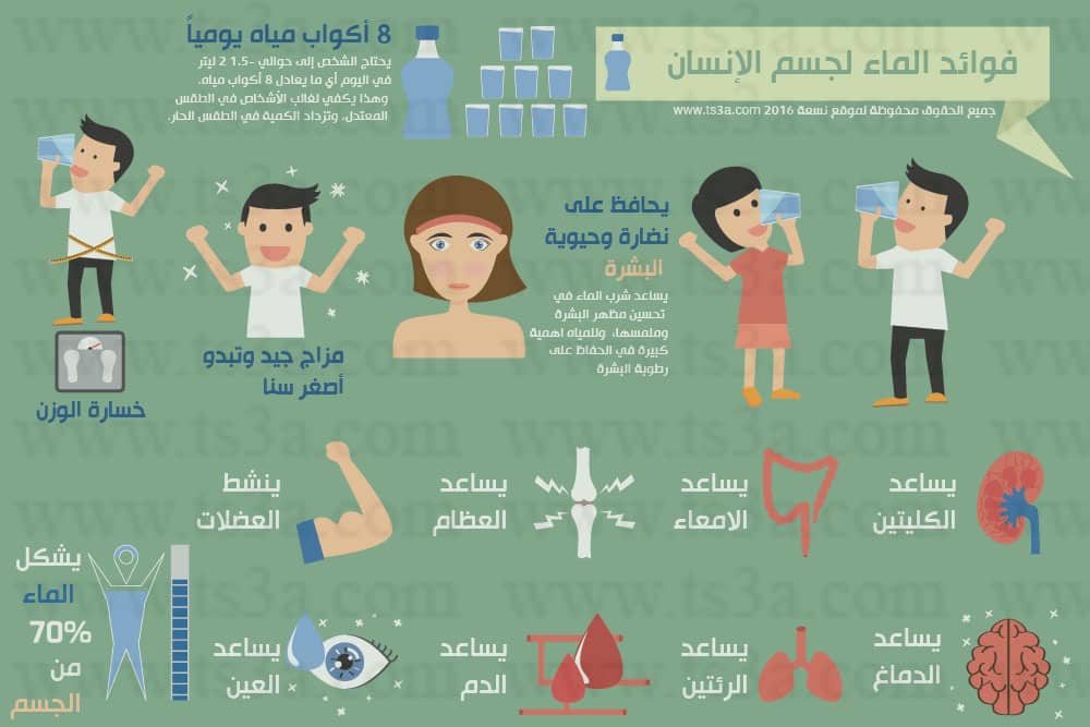اضغط هنا لتكبير الصورة انفوجرافيك فوائد الماء للجسم - موقع تسعة