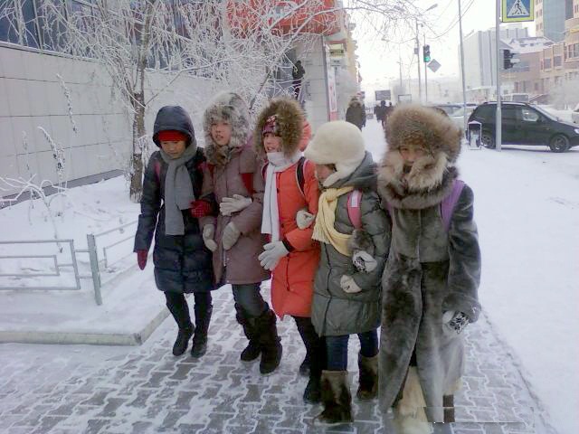 Happy school girls in Yakutsk