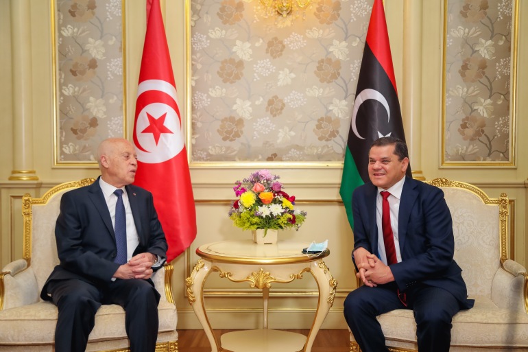24028065-3 Tunisia's President Kais Saied meets with Libya's Prime Minister Abdulhamid Dbeibeh in Tripoli, Libya March 17, 2021. Media Office of the Prime Minister/Handout via REUTERS ATTENTION EDITORS - THIS IMAGE WAS PROVIDED BY A THIRD PARTY