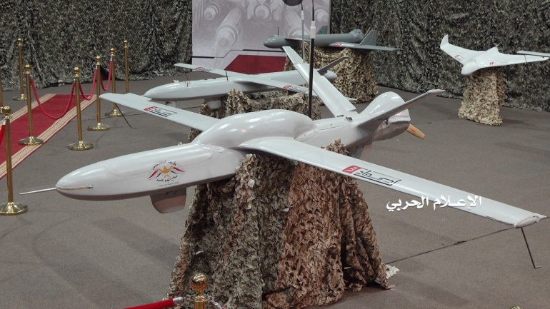 Drone aircrafts on display at an exhibition at an unidentified location in Yemen