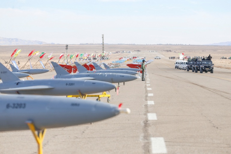rtx8kdqc-2 Drones are seen during a large-scale drone combat exercise of Army of the Islamic Republic of Iran, in Semnan