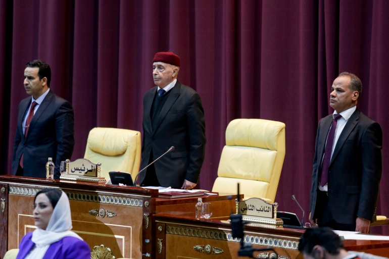 rtxa7iq8-2 Parliament head Aguila Saleh attends a session to discuss approving new government, in Sirte