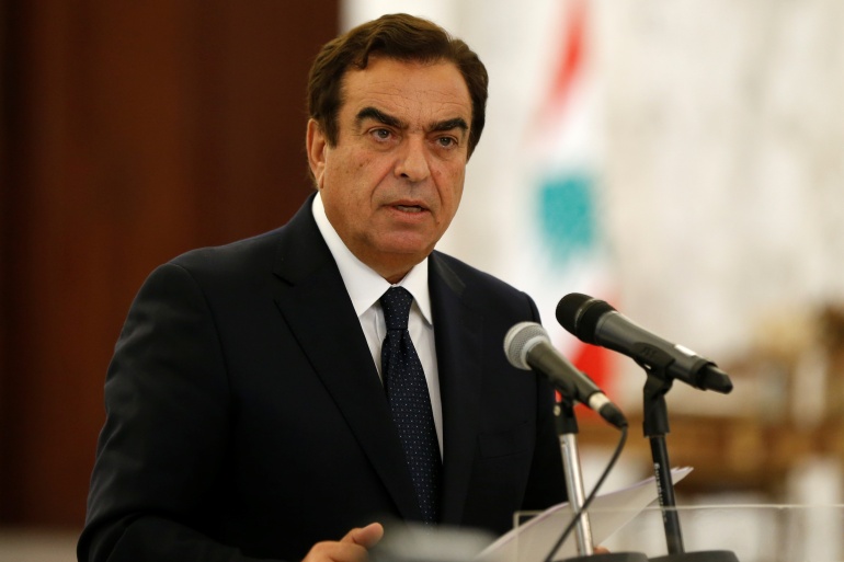 rtxh3avk-3 Lebanon's Information Minister George Kordahi speaks at the presidential palace in Baabda