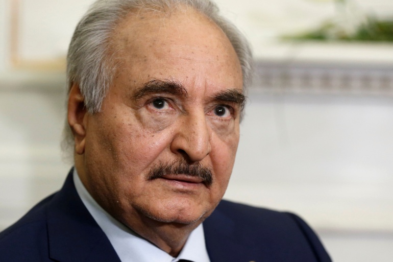 rts2yqjl Libyan commander Khalifa Haftar meets Greek Foreign Minister Nikos Dendias at the Foreign Ministry in Athens