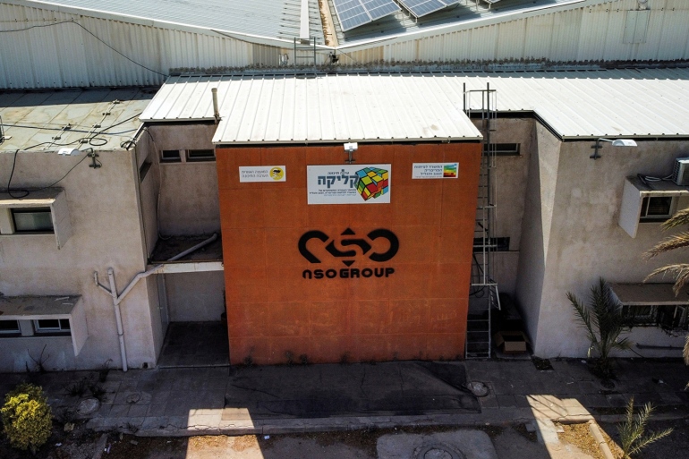An aerial view shows the logo of Israeli cyber firm NSO Group at one of its branches in the Arava Desert, southern Israel July 22, 2021. Picture taken with a drone. REUTERS/Amir Cohen
