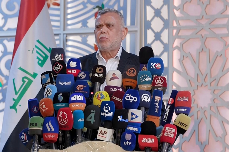 مؤتمر صحفي لرئيس تحالف الفتح العراقي هادي العامري من شاشة البث المباشر للجزيرة