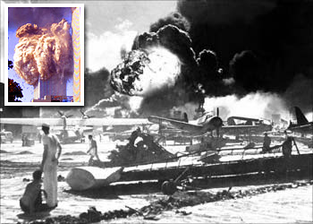 بيرل هاربر ومبنى التجارة العالمية (في الإطار) أثناء لحظات الانفجار والدمار