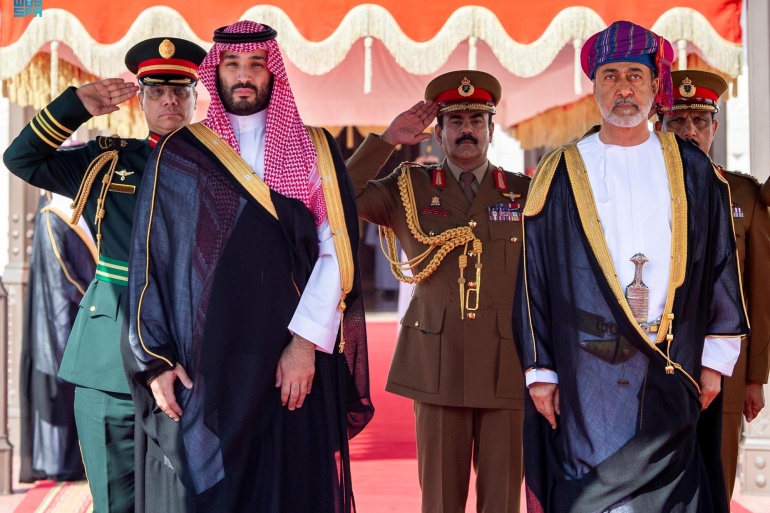 Saudi Crown Prince, Mohammed bin Salman, is received by Oman's Sultan Haitham bin Tariq upon his arrival to Muscat, Oman