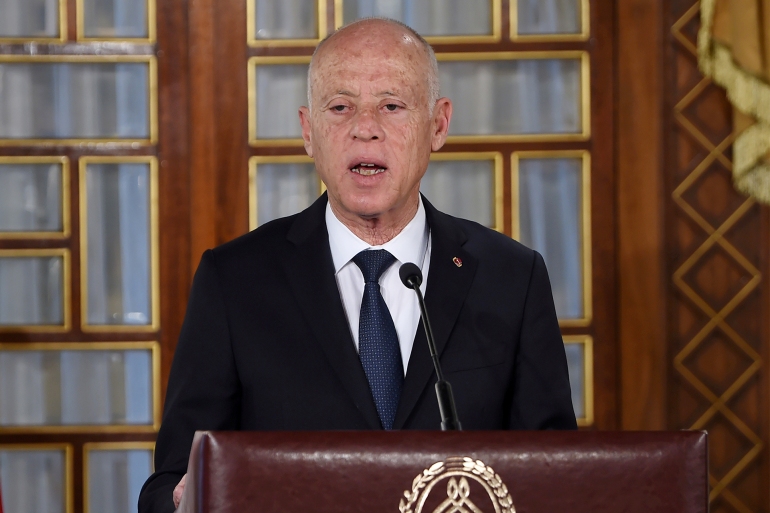 5885585-1 FILE PHOTO: Tunisia's President Kais Saied gives a speech at the government's swearing-in ceremony at the Carthage Palace outside the capital Tunis, Tunisia February 27, 2020. Fethi Belaid/Pool via REUTERS/File Photo