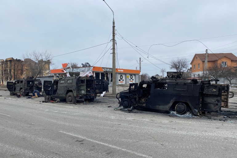 rts5vzfl-1 A view shows destroyed Russian Army all-terrain infantry mobility vehicles Tigr-M (Tiger) in Kharkiv